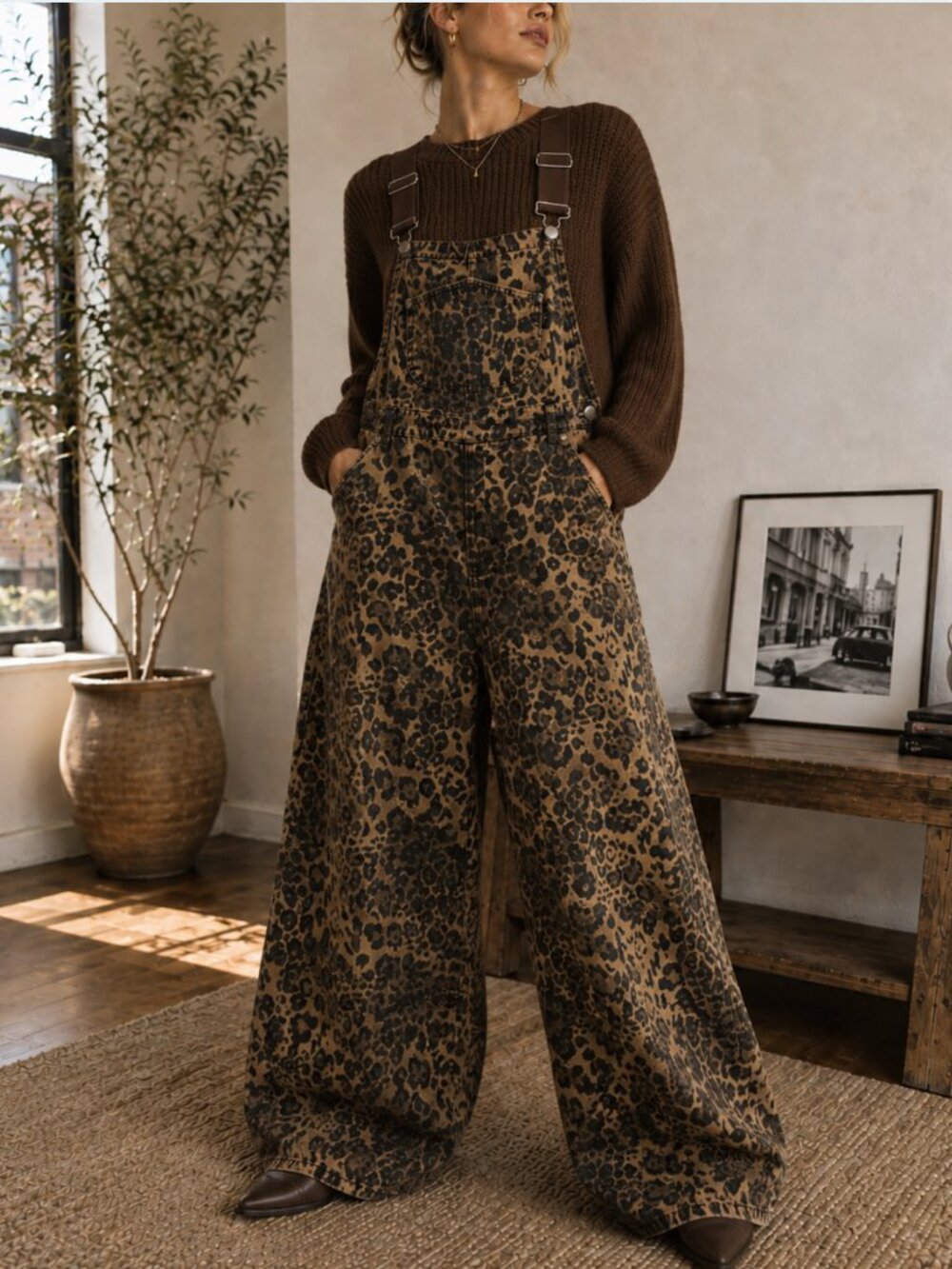 Cider Leopard Print Denim Ultra Wide Leg Overalls XL 90s Streetwear Utility NWT